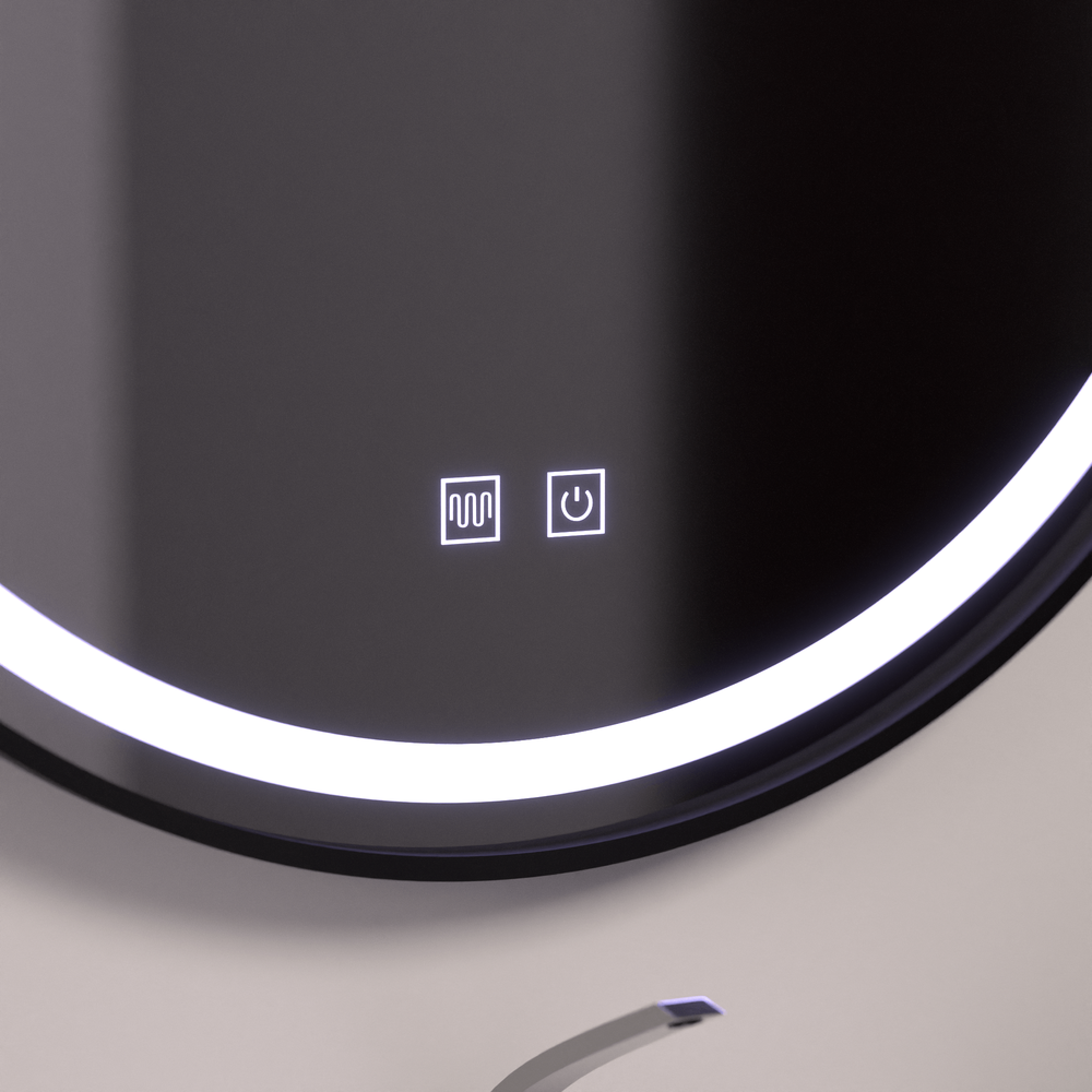 Oglinda LED rotunda 60 cm cu rama neagra, control touch si dezaburire integrata, ideala pentru bai moderne.
