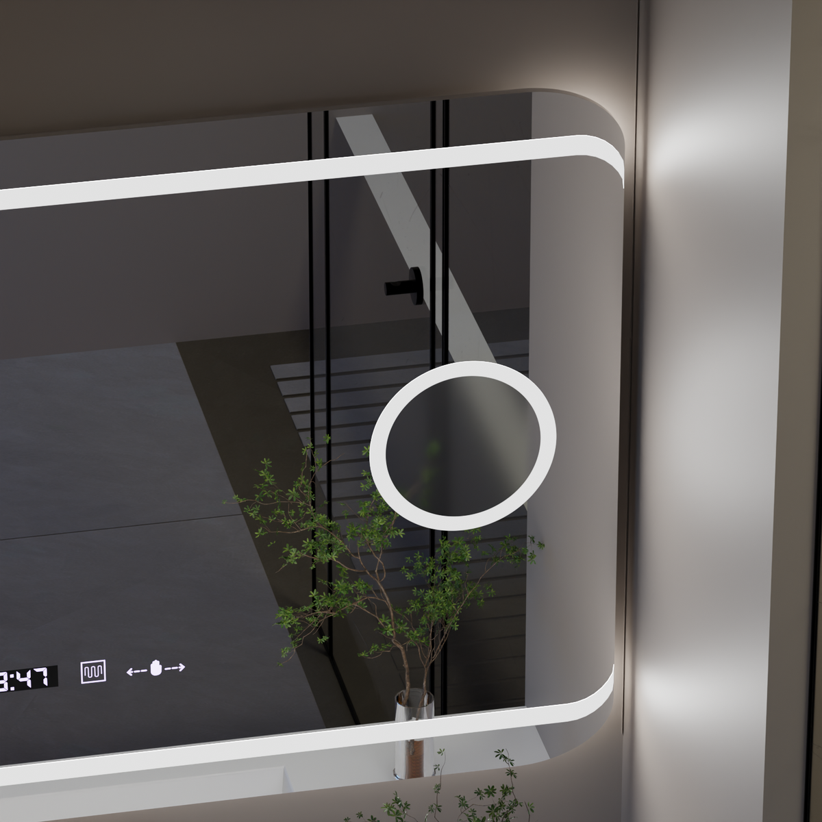 Oglinda smart dreptunghiulara 120x80 cm cu LED reglabil, dezaburire, afisaj digital si lupa cosmetica, ideala pentru bai moderne si spatii premium.
