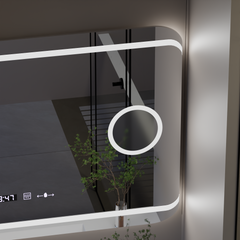 Oglinda smart dreptunghiulara 120x80 cm cu LED reglabil, dezaburire, afisaj digital si lupa cosmetica, ideala pentru bai moderne si spatii premium.
