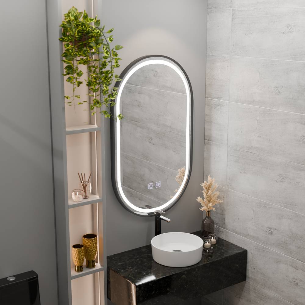 Oglinda smart eliptica 50×100 cm cu LED ajustabil, control tactil si functie anti-abur pentru baie moderna