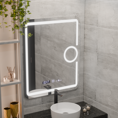 Oglinda smart rectangulara 75x90 cm cu LED reglabil, dezaburire, lupa cosmetica si display digital, ideala pentru bai moderne.
