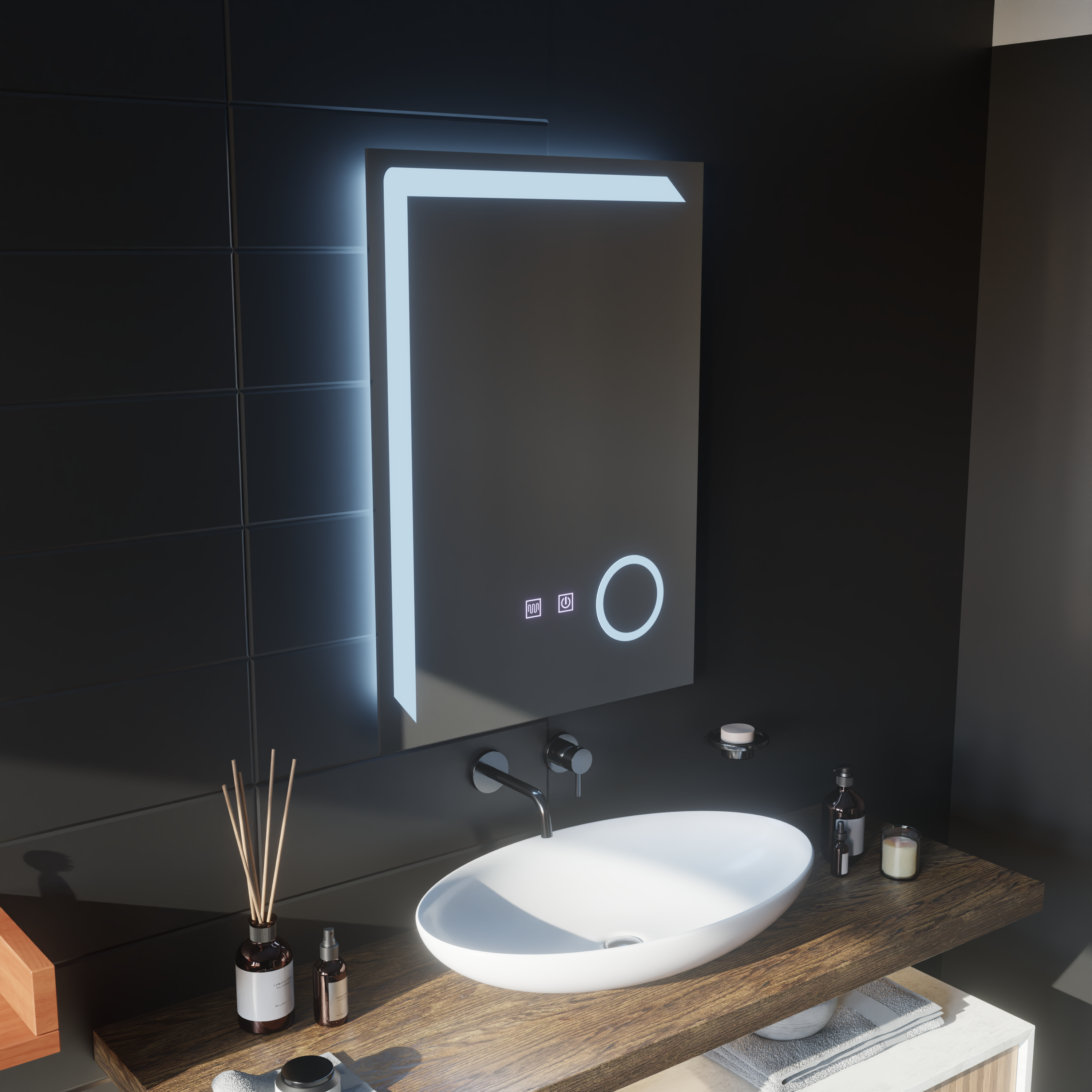 Oglinda smart flotanta 80x50 cm cu iluminare LED artistica, geam marire dual si functie de dezaburire inteligenta.
