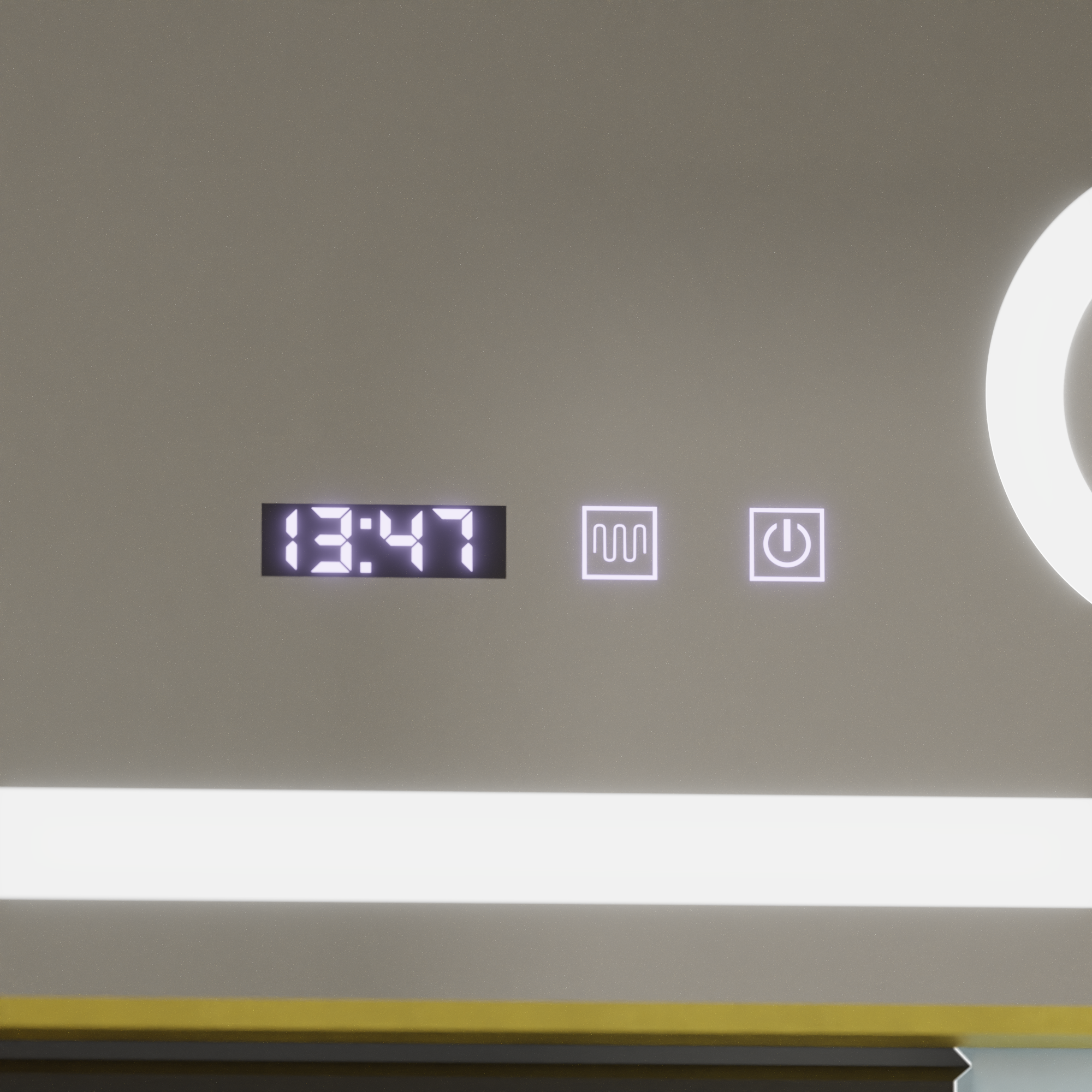 Oglinda smart LED cu cadru auriu, geam marire, dezaburire si afisaj digital, design orizontal 80x60 cm