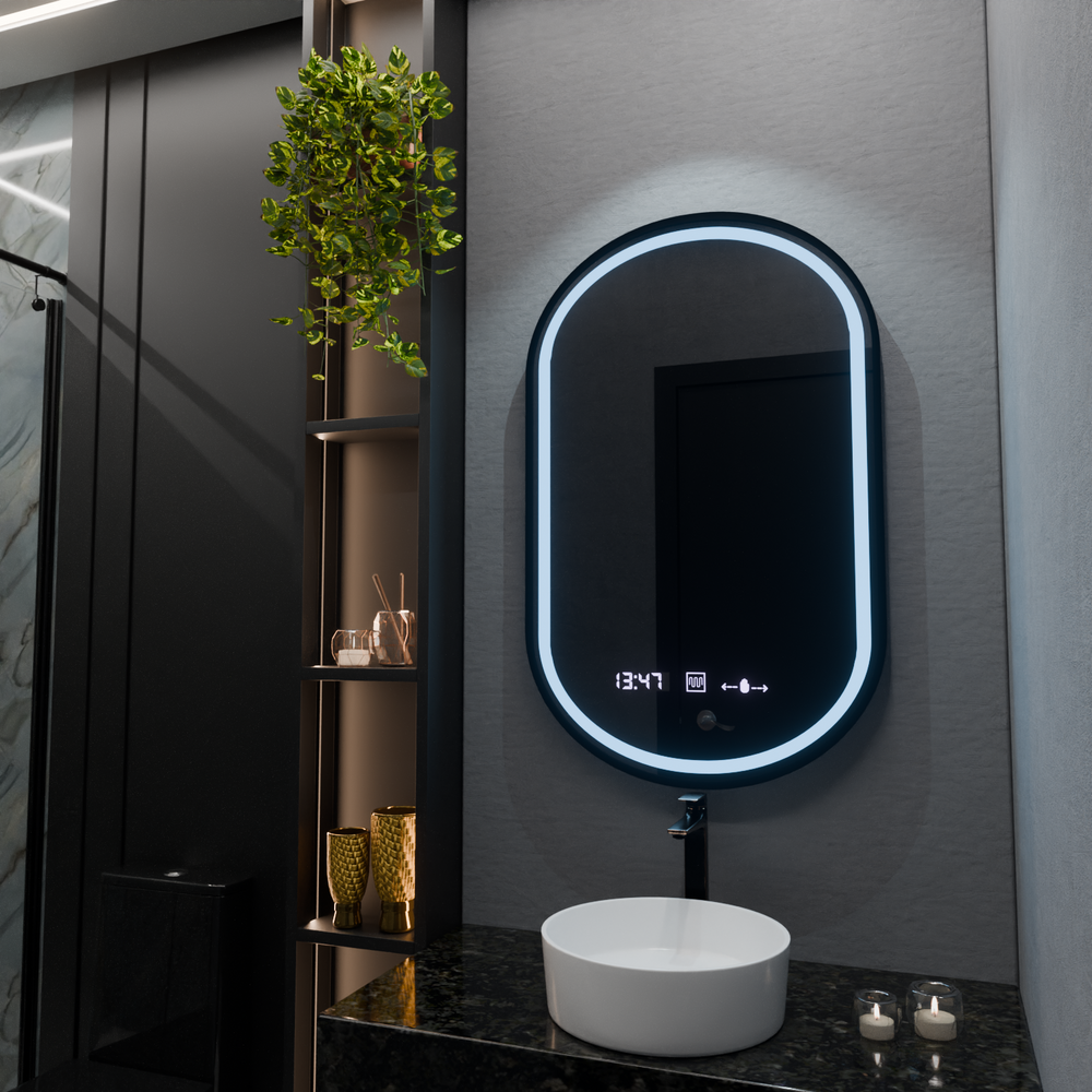Oglinda smart ovala 50x80 cm cu iluminare LED reglabila, dezaburire si display digital, ideala pentru bai moderne elegante.

