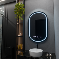 Oglinda smart ovala 50x80 cm cu iluminare LED reglabila, dezaburire si display digital, ideala pentru bai moderne elegante.
