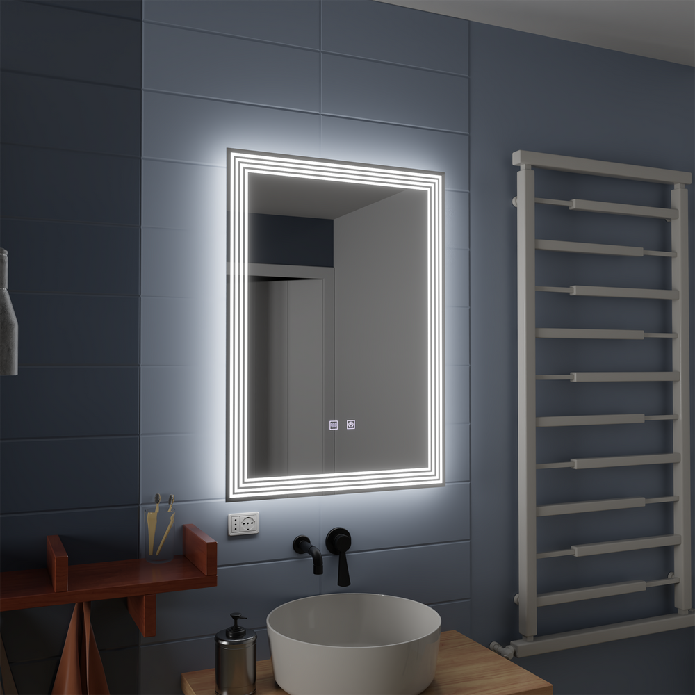 Oglinda smart 50×70 cm cu 3 benzi LED, control tactil si functie anti-abur, perfecta pentru baie moderna
