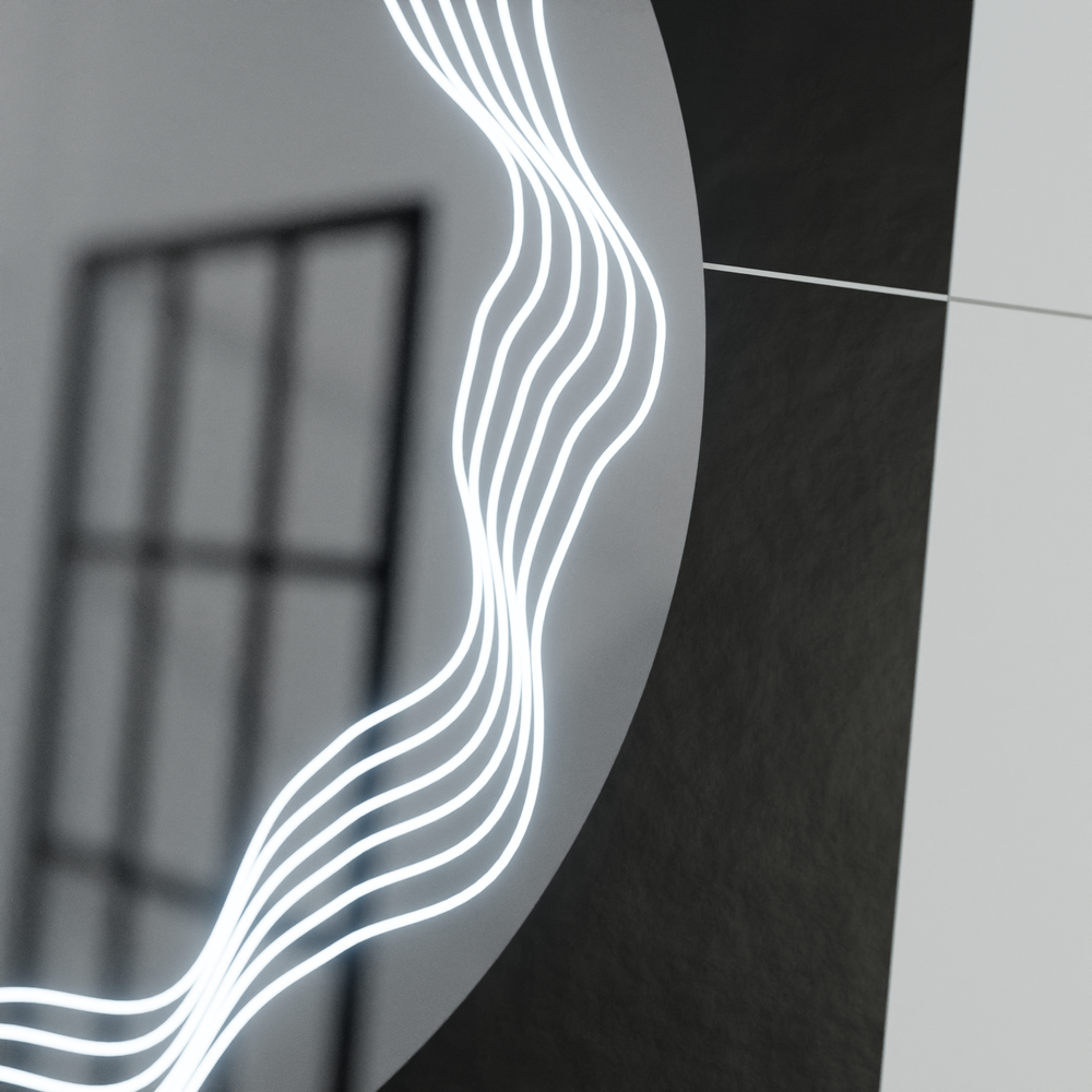 Oglinda LED rotunda 60x60 cm cu efect de unde luminoase, control touch si functie de dezaburire pentru bai moderne.
