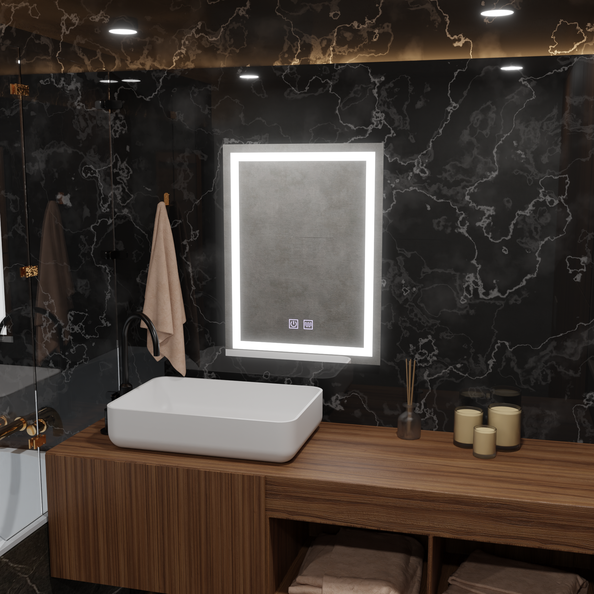 Oglinda LED 60x80 cm cu control touch si dezaburire, iluminare reglabila, ideala pentru bai moderne.
