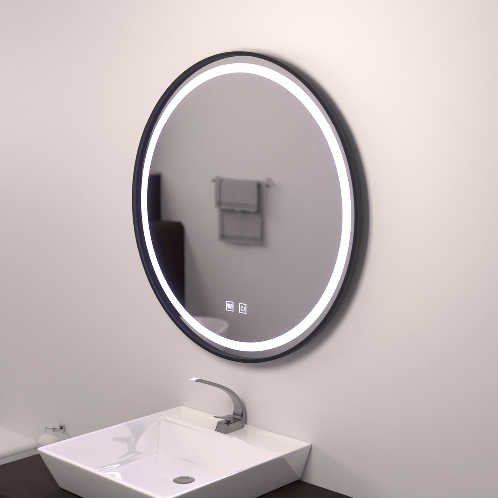 Oglinda LED rotunda 60 cm cu rama neagra, control touch si dezaburire integrata, ideala pentru bai moderne.
