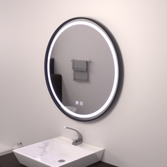 Oglinda LED rotunda 60 cm cu rama neagra, control touch si dezaburire integrata, ideala pentru bai moderne.
