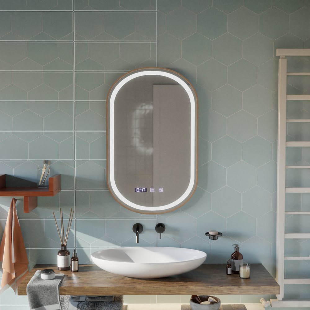 Oglinda smart aurie 50×80 cm cu LED circular, senzor de miscare si functie anti-abur pentru baie moderna.
