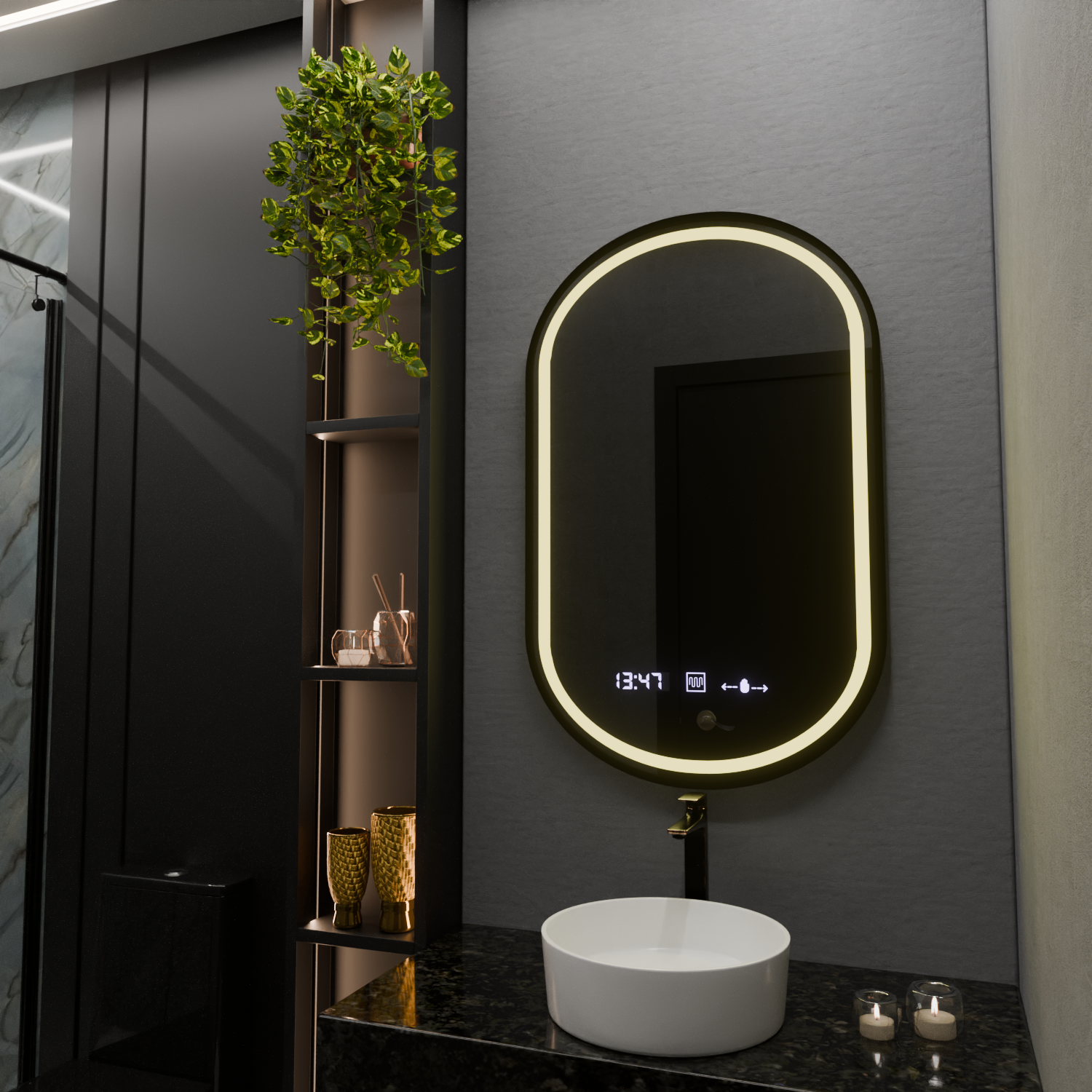 Oglinda smart ovala 50x80 cm cu iluminare LED reglabila, dezaburire si display digital, ideala pentru bai moderne elegante.
