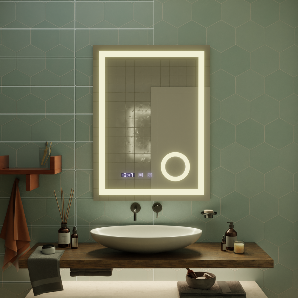 Oglinda smart LED cu cadru auriu, geam marire, dezaburire si afisaj digital, design vertical 60x80 cm