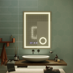 Oglinda smart LED cu cadru auriu, geam marire, dezaburire si afisaj digital, design vertical 60x80 cm