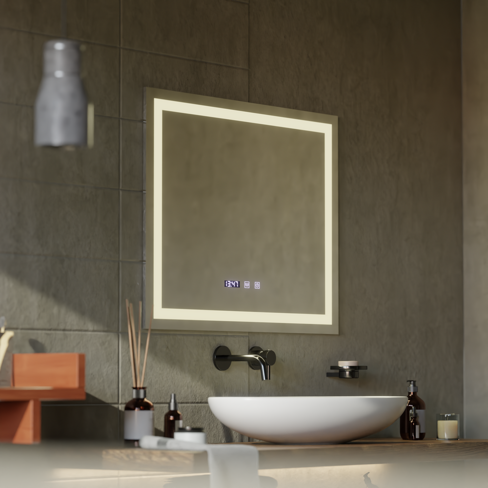 Oglinda smart orizontala cu LED, afisaj digital, dezaburire si control tactil, dimensiune 80x60 cm