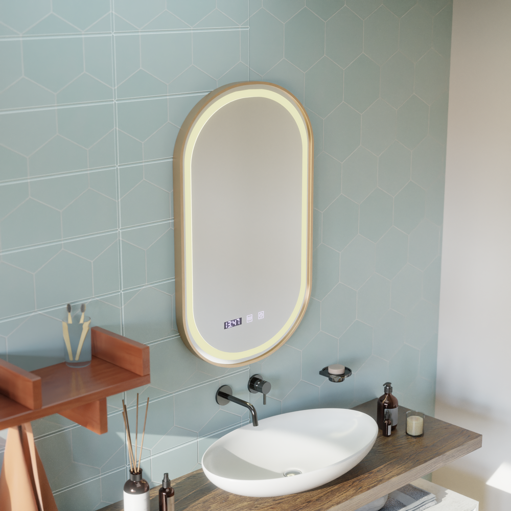 Oglinda smart aurie 50×80 cm cu LED circular, senzor de miscare si functie anti-abur pentru baie moderna.
