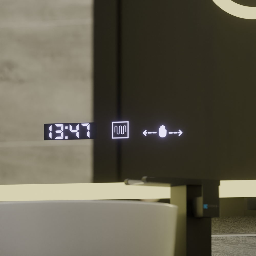 Oglinda smart rectangulara 75x90 cm cu LED reglabil, dezaburire, lupa cosmetica si display digital, ideala pentru bai moderne.
