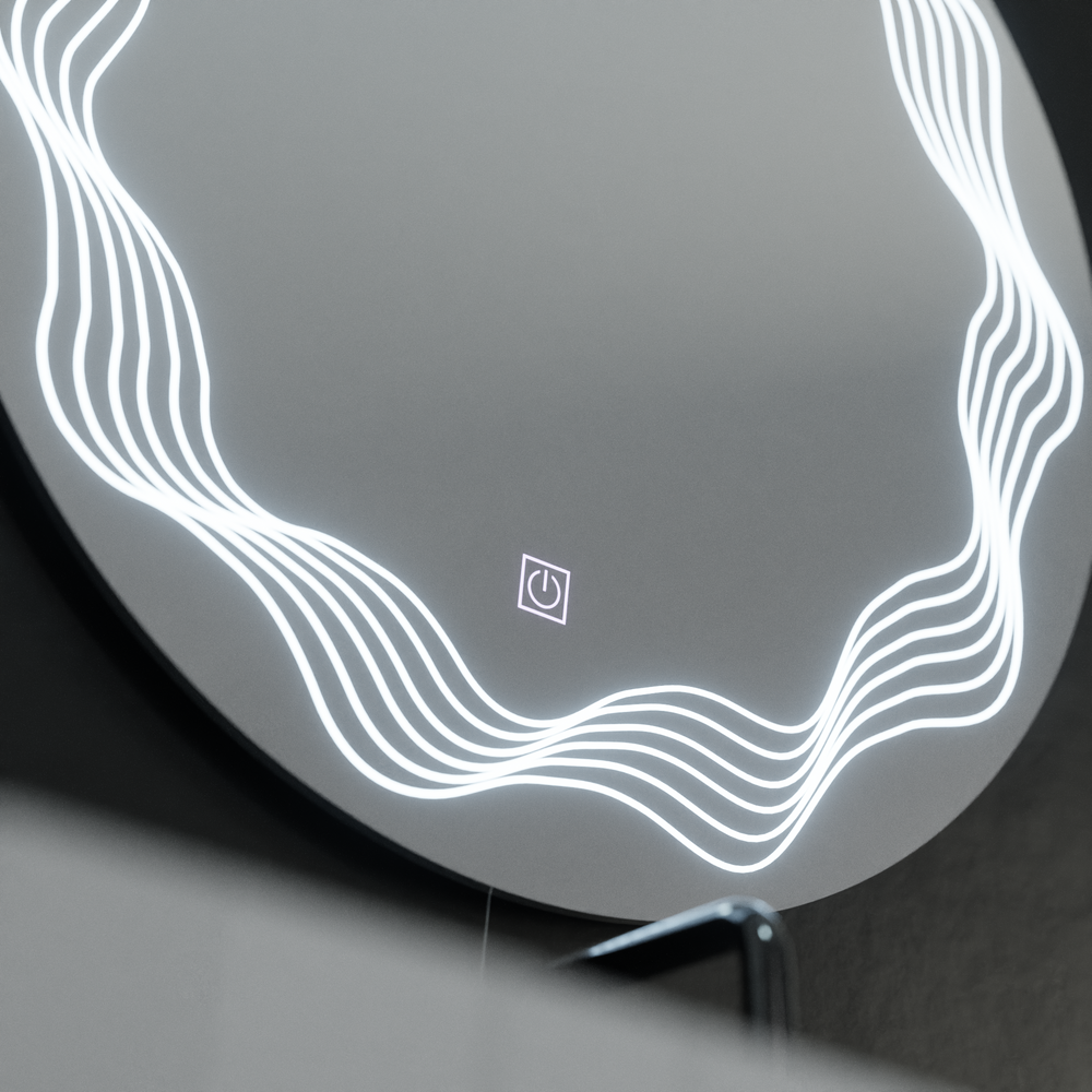 Oglinda LED rotunda 60x60 cm cu efect de unde luminoase, control touch si functie de dezaburire pentru bai moderne.
