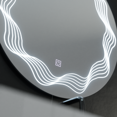 Oglinda LED rotunda 60x60 cm cu efect de unde luminoase, control touch si functie de dezaburire pentru bai moderne.
