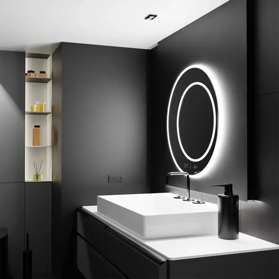 Oglinda LED rotunda 60x60 cm cu dublu inel luminos, dezaburire automata si control tactil, ideala pentru bai moderne.
