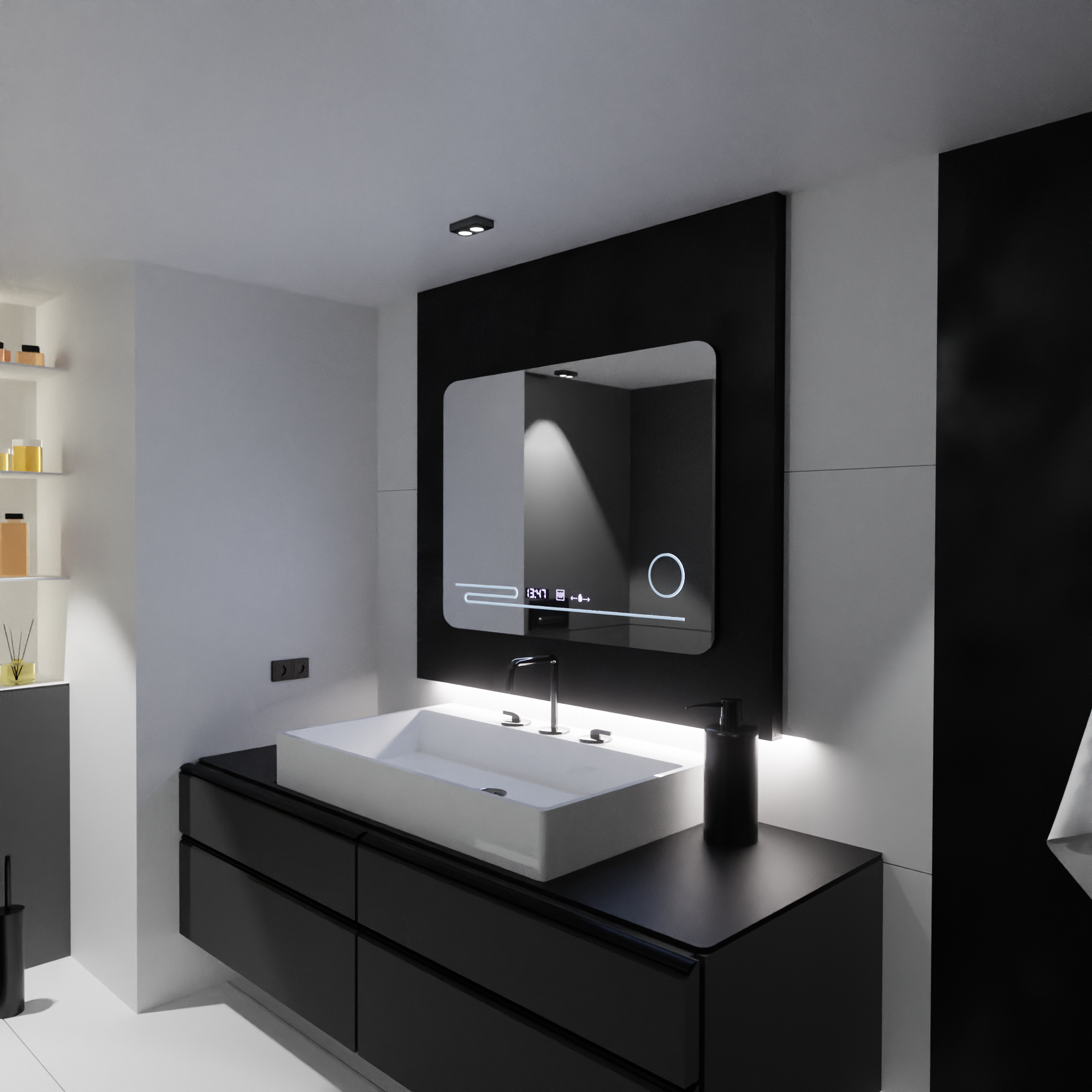 Oglinda smart dreptunghiulara LUBAN 80x60 cm cu LED reglabil, lupa cosmetica, afisaj digital si sistem de dezaburire pentru bai moderne.
