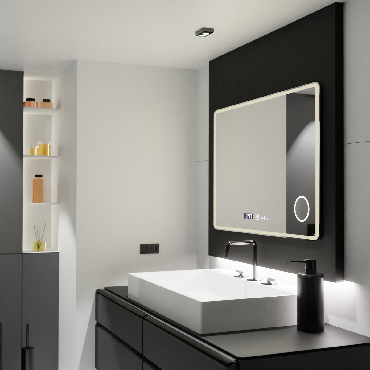 Oglinda smart dreptunghiulara LUBAN 120x80 cm cu LED reglabil, afisaj digital si sistem de dezaburire pentru bai moderne si spatii premium.
