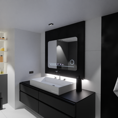 Oglinda smart dreptunghiulara LUBAN 80x60 cm cu LED reglabil, lupa cosmetica, afisaj digital si sistem de dezaburire pentru bai moderne.
