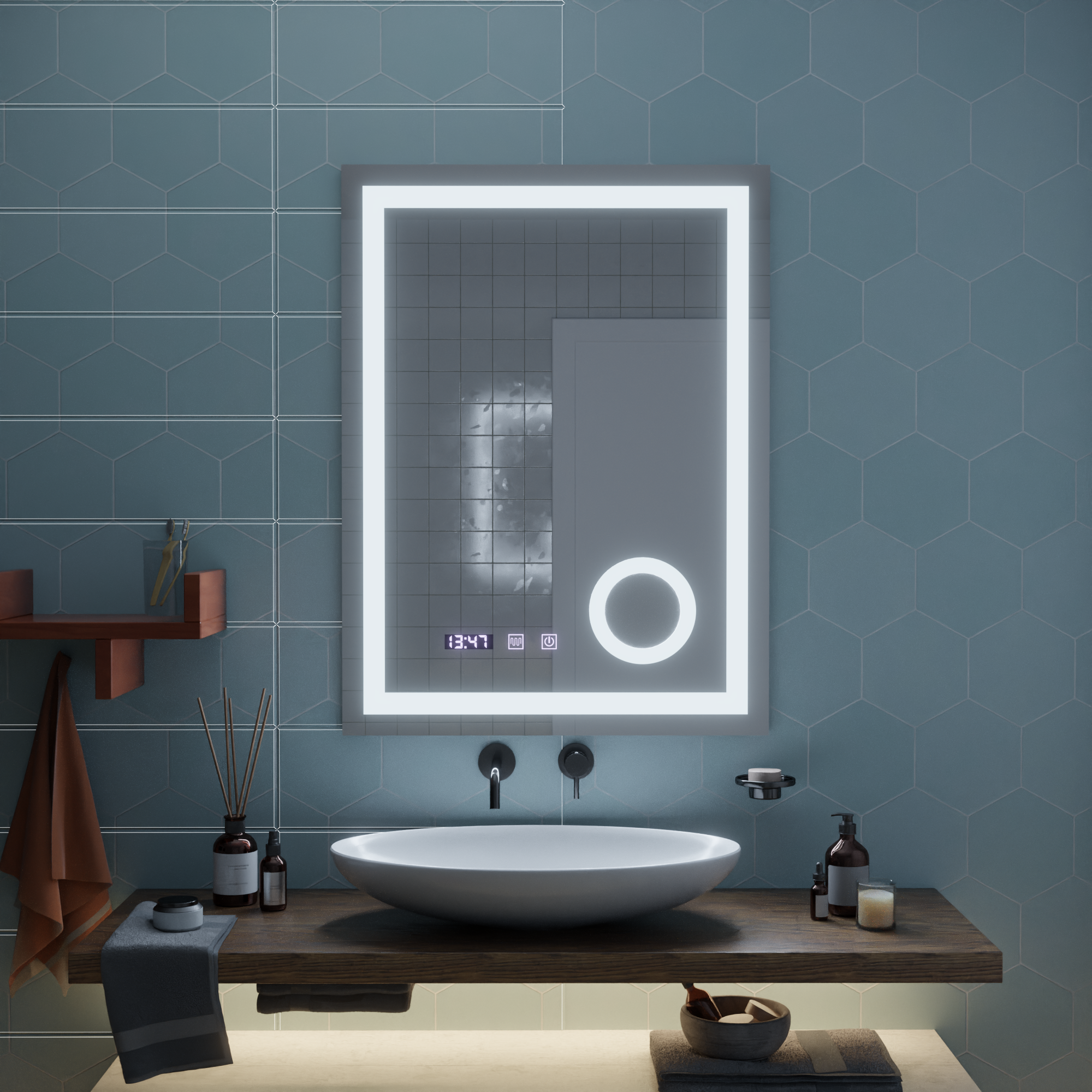 Oglinda smart LED cu cadru auriu, geam marire, dezaburire si afisaj digital, design vertical 60x80 cm