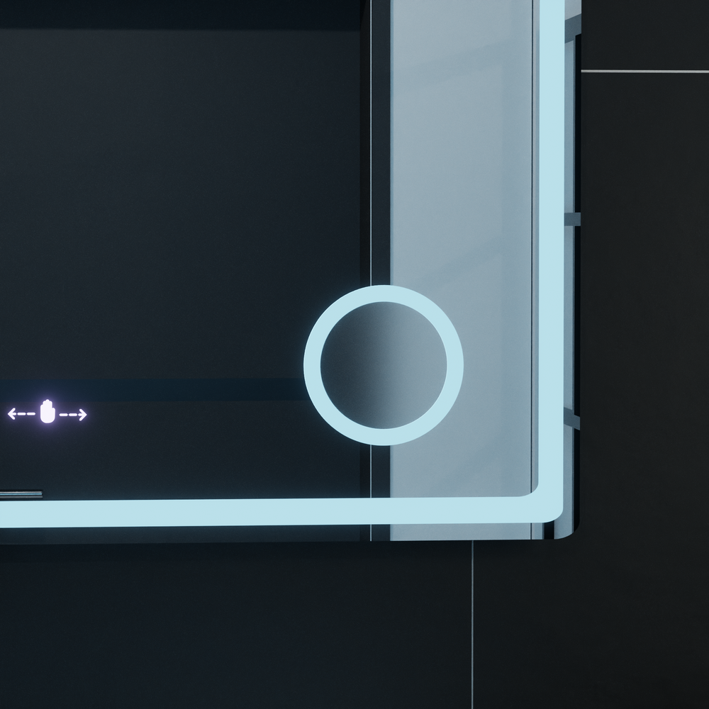 Oglinda smart dreptunghiulara 90x60 cm cu iluminare LED reglabila, dezaburire si afisaj digital, perfecta pentru bai si dressinguri moderne.
