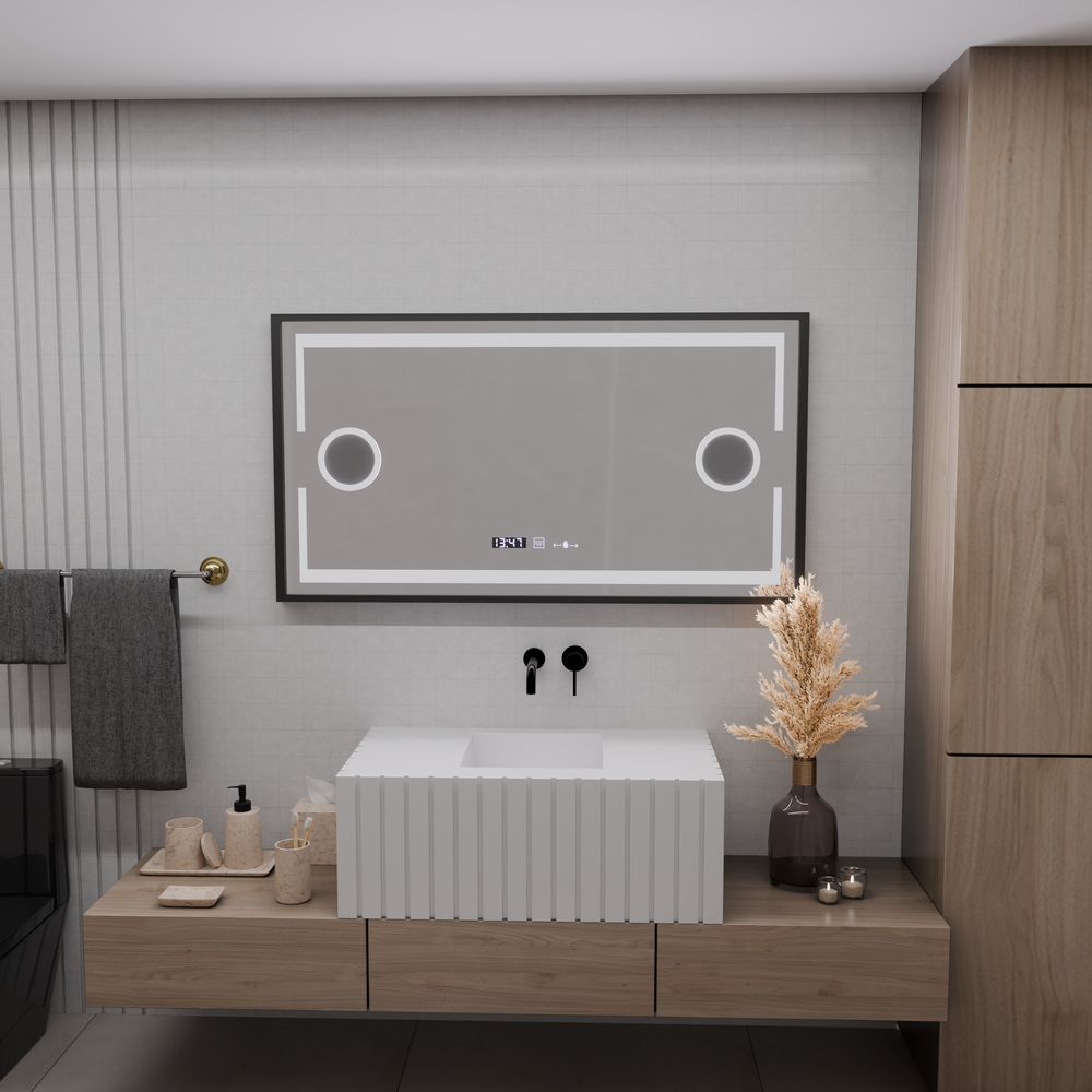 Oglinda smart orizontala 120x65 cm cu LED, geamuri marire, senzor palma si functie de dezaburire