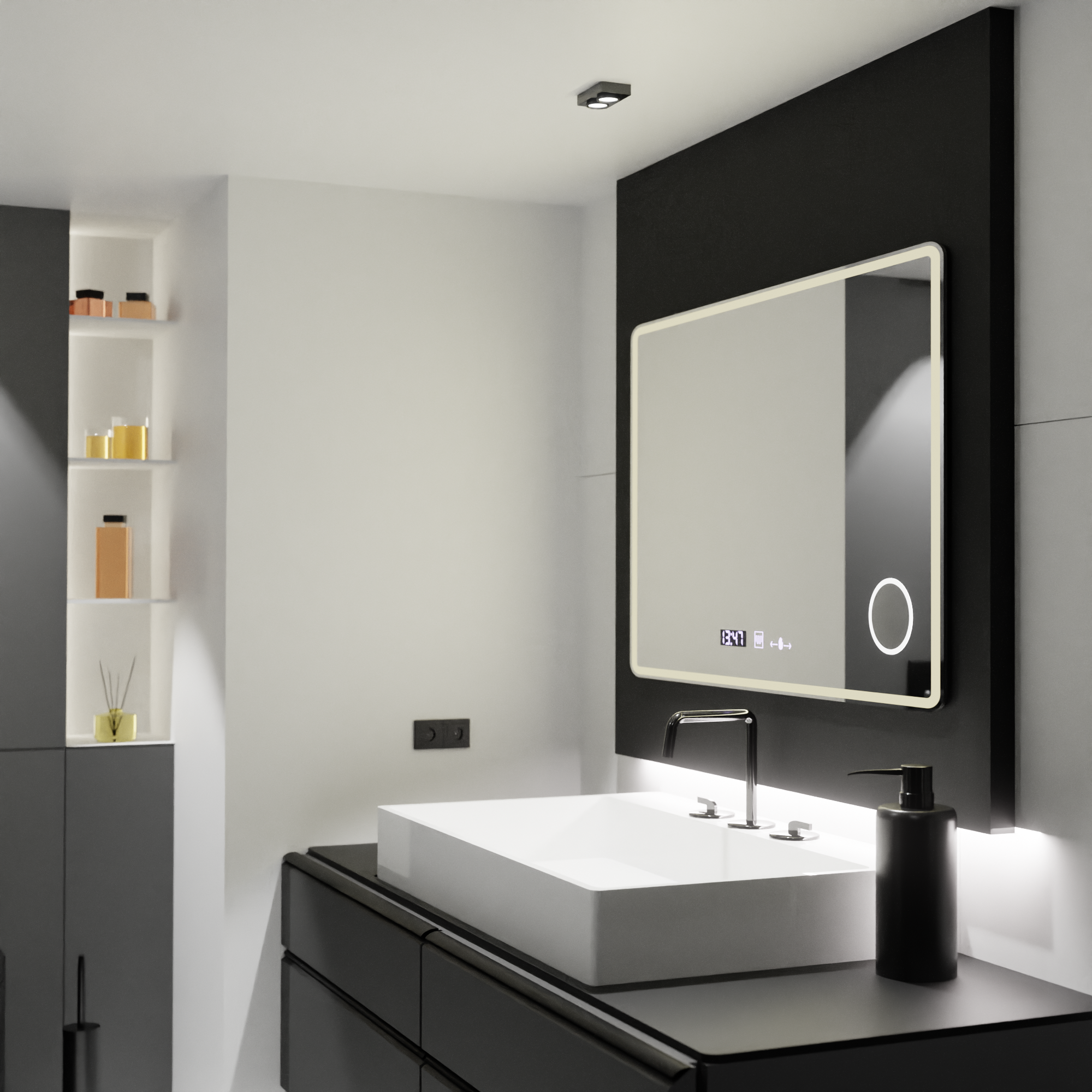 Oglinda smart dreptunghiulara LUBAN 120x80 cm cu LED reglabil, afisaj digital si sistem de dezaburire pentru bai moderne si spatii premium.
