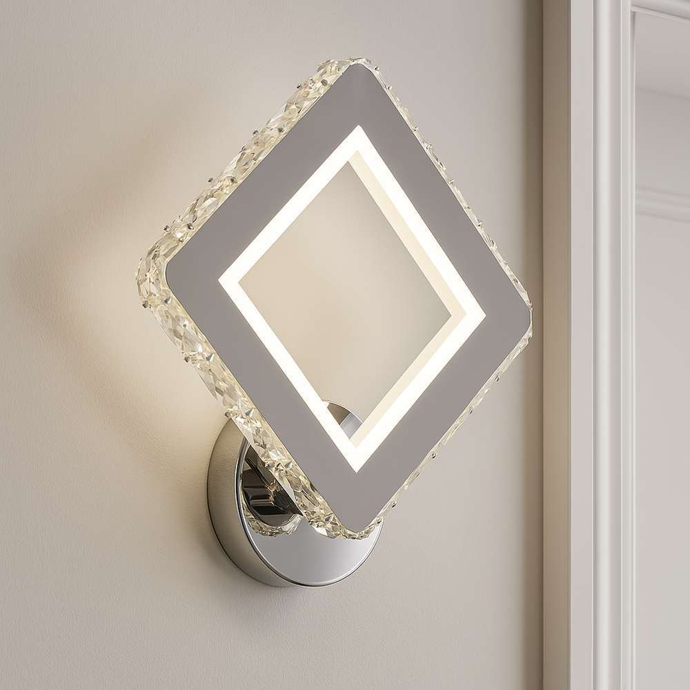 Aplica LED Diamond 34W, forma romboidala decorativa, iluminand uniform un living contemporan minimalist