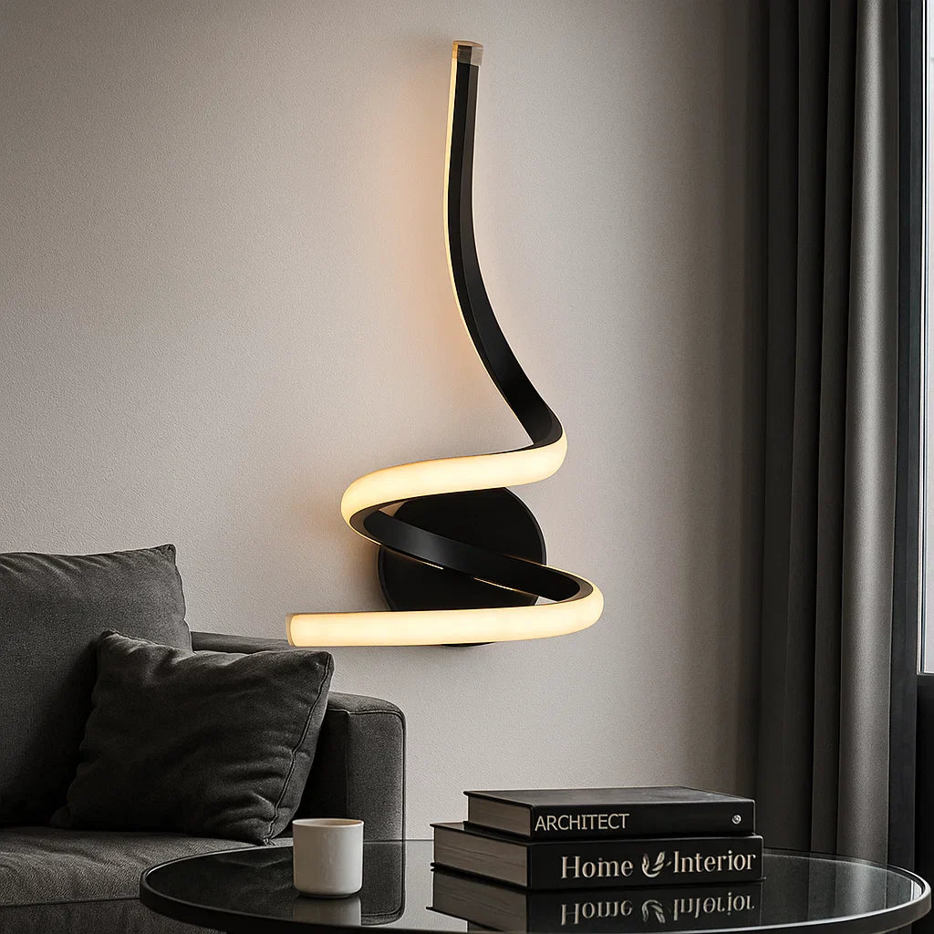 Aplica LED LUBAN Pillar Noir 360mm, design vertical minimalist, iluminand un living contemporan cu lumina uniforma