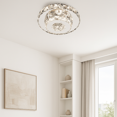 Lustra LED rotunda 46W alb cu elemente transparente, lumina reglabila 3500K-6500K si telecomanda, montata in living modern