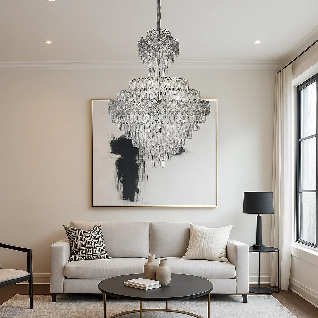 Candelabru cristal rotunda crom Ø800 H1100 in living pe doua niveluri, 22 E27, iluminare intensa premium