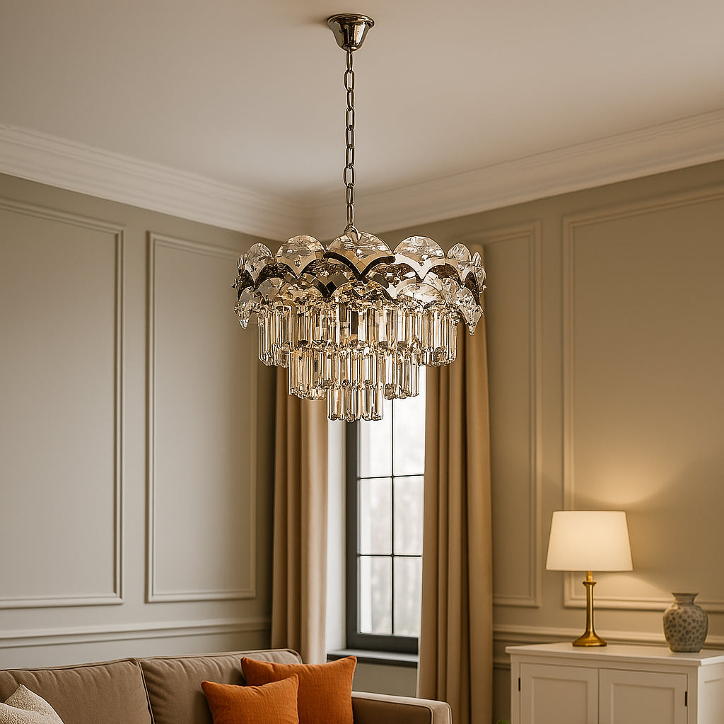 Candelabru rotund crom cu 10 becuri E27 in living spatios elegant, diametru 500 mm, lumina puternica si design rafinat