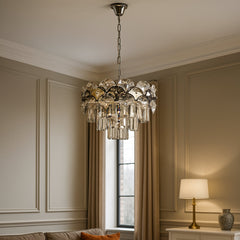 Candelabru rotund crom cu 8 becuri E27 in living elegant, diametru 400 mm, lumina puternica si design clasic rafinat