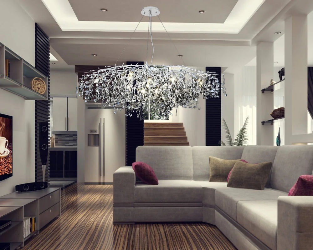 Candelabru rotund Ø1200+550 auriu cu accente cromate in living spatios, iluminare ambientala eleganta cu becuri E14 LED, montaj suspendat