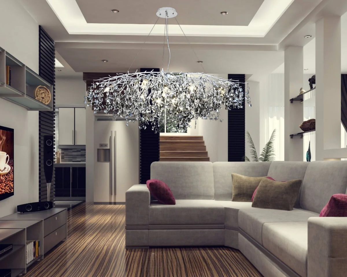 Candelabru rotund Ø1200+550 auriu cu accente cromate in living spatios, iluminare ambientala eleganta cu becuri E14 LED, montaj suspendat