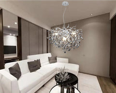 Candelabru rotund Ø600 auriu cu detalii cromate, suspendat in living modern, iluminare ambientala cu becuri E14 LED, fara telecomanda