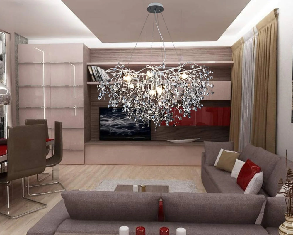 Candelabru rotund Ø800 auriu cu accente cromate in living elegant, iluminare ambientala cu becuri E14 LED, montaj suspendat fara telecomanda