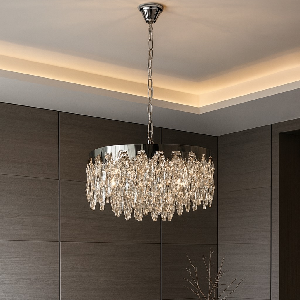 Candelabru patrat crom lucios 40 cm cu 8 becuri E27, iluminat elegant pentru living modern, montaj suspendat decorativ.