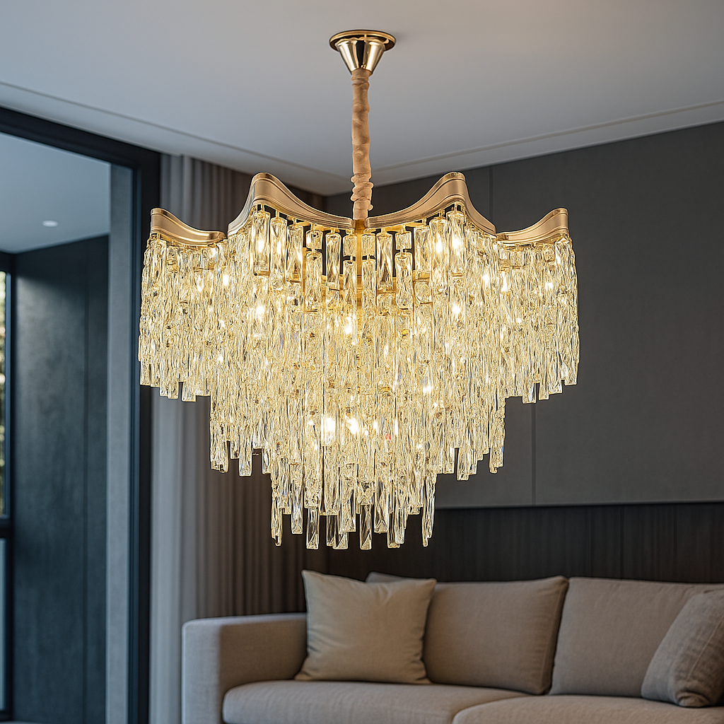 Candelabru rotund auriu 5520/600FG cu 10 becuri E27 in living spatios, elemente transparente, lumina calda difuza, montaj pe tavan