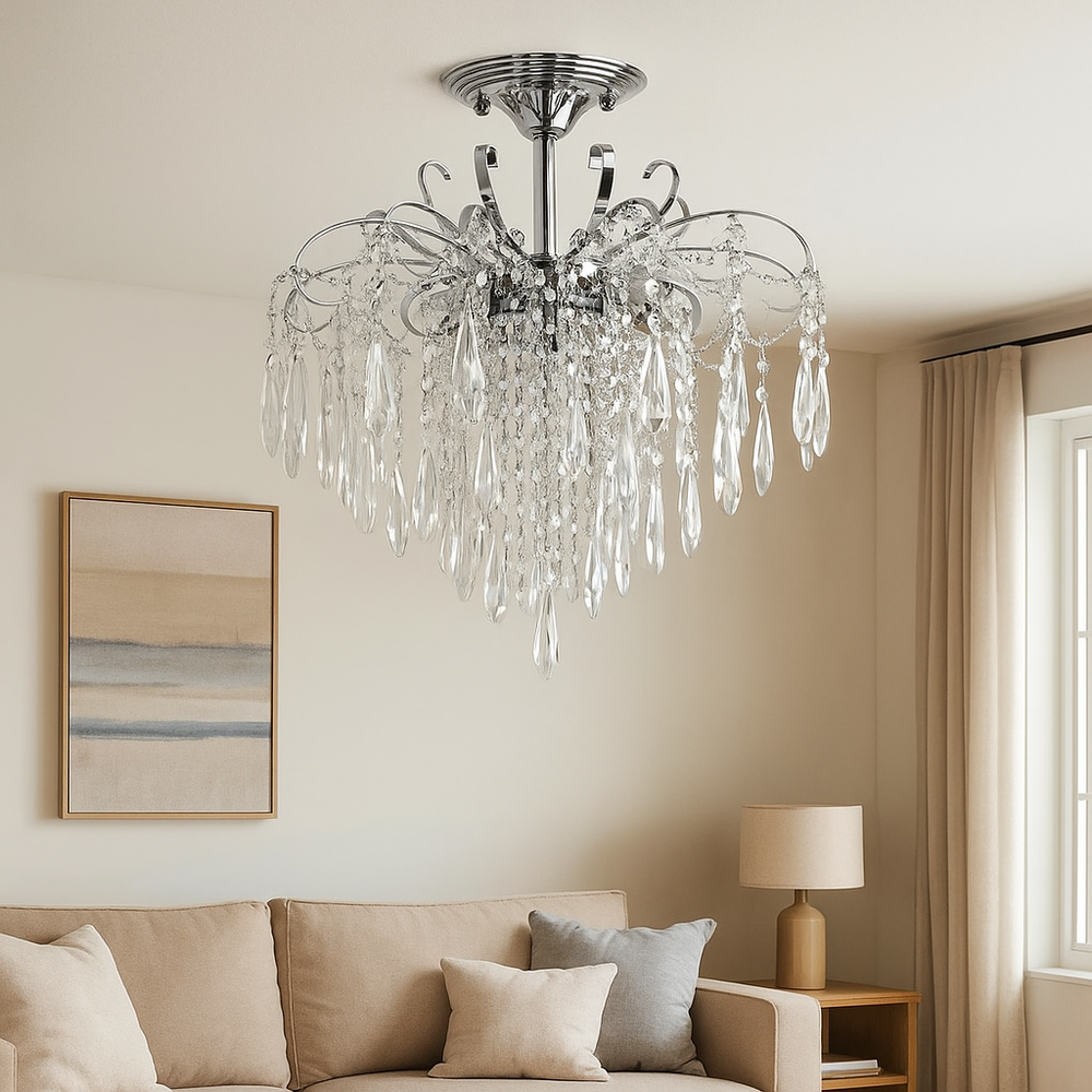 Candelabru rotund argintiu cu 9 becuri E27 si elemente transparente tip cascada, iluminare decorativa pentru living spatios