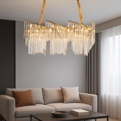 Candelabru dreptunghiular auriu 800×300 mm cu 9 socluri E27, montat in living modern, stil industrial elegant, iluminare personalizabila