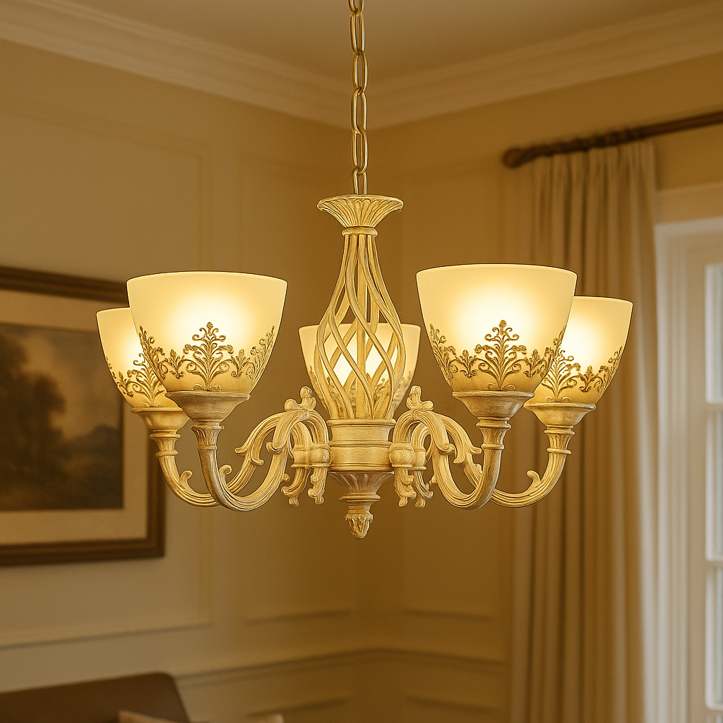 Candelabru vintage 5 brate alb antichizat cu abajururi din sticla mata si becuri E27, lumina calda in living elegant