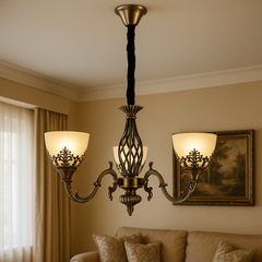 Candelabru vintage 3 brate bronz antichizat cu becuri E27, lumina calda difuza in living clasic elegant