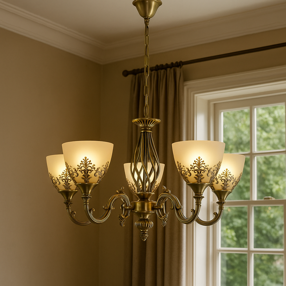 Candelabru vintage 5 brate bronz antichizat cu abajururi din sticla mata si becuri E27, lumina calda in living clasic