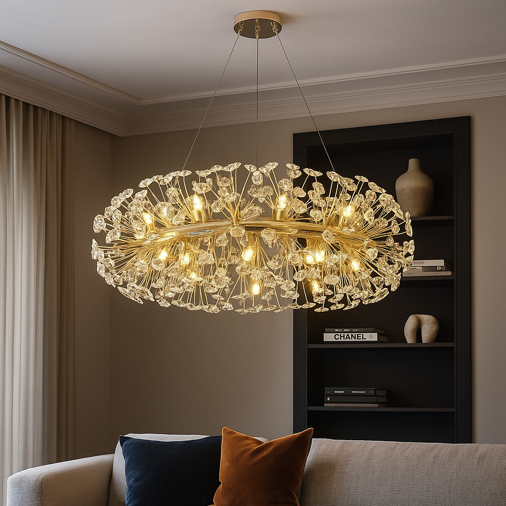 Candelabru suspendat rotund auriu Ø600 mm cu 12 becuri G9, iluminare calda ambientala in living modern elegant.