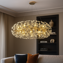 Candelabru suspendat rotund auriu Ø600 mm cu 12 becuri G9, iluminare calda ambientala in living modern elegant.
